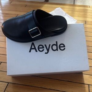 Aeyde Black Leather Slide Mule with Silver Buckle Accent Brand New